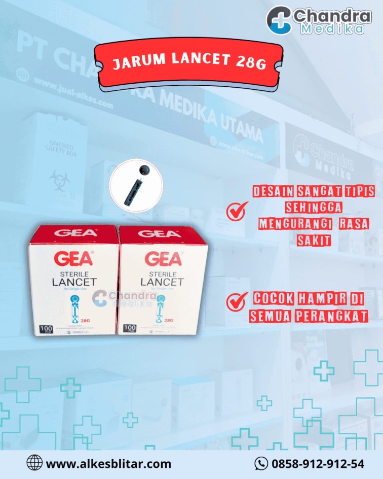 Jarum lancet 28G adalah alat medis sekali pakai yang dirancang untuk mengambil sampel darah kapiler melalui tusukan ringan pada kulit, umumnya di ujung jari
