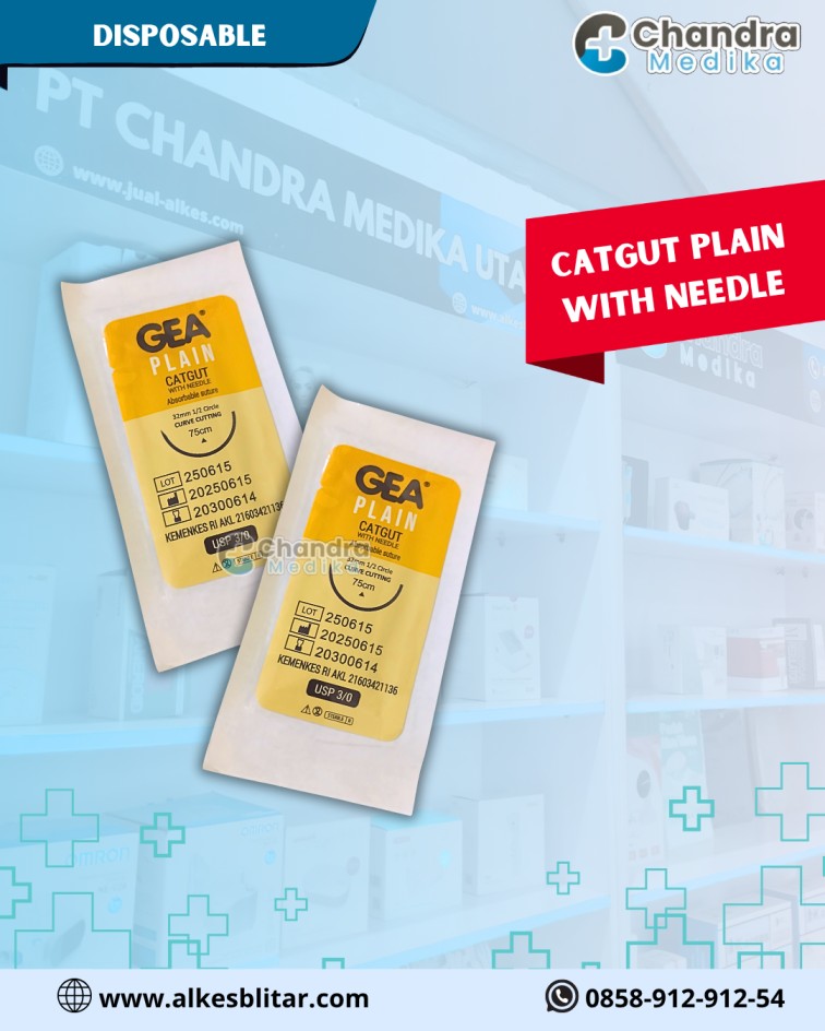 Catgut Plain with Needle. Benang ini dikenal sebagai salah satu jenis benang bedah absorbable (dapat diserap tubuh) yang efektif, fleksibel, dan mudah digunakan untuk berbagai prosedur pembedahan.