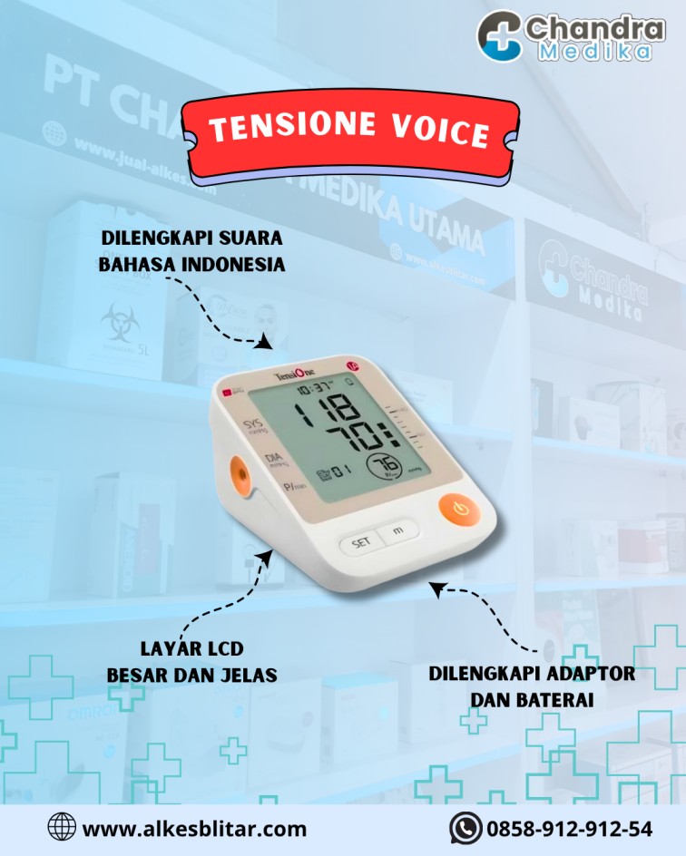 Tensimeter Digital Tensione Voice 1A, tensimeter digital dengan fitur suara canggih yang memudahkan pengguna membaca hasil pengukuran.